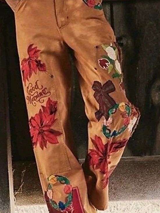 Free People Denim - Free People "Bright Time Craft" Tan Embroidered Floral Wide-Leg Jeans